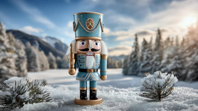 Wooden nutcracker figure in snowy landscape