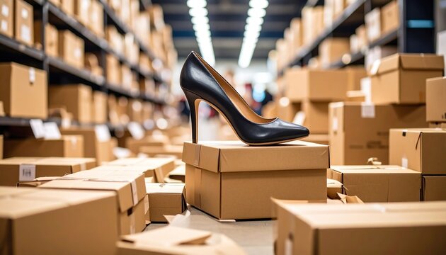 Elegant stiletto heel displayed prominently in a warehouse setting.