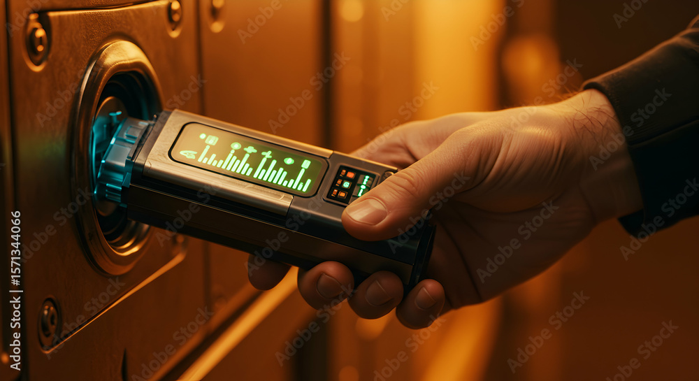 Aufkleber a hand inserting a device into a futuristic machine