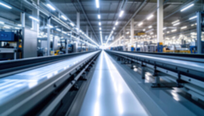 Blurred Inside a manufacturing facility with machinery and production lines.