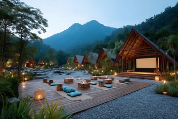 Tranquil outdoor cinema at dusk in a secluded, natural setting with wooden huts, mountains, and soft lighting, symbolizing escape, relaxation, and unique travel experiences.
