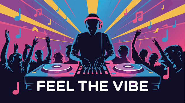 Colorful Nightclub DJ with Dancing Crowd, Turntables, and Musical Notes Illustration