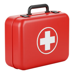 Obraz premium A red first aid kit with a white cross and a black handle on a white background