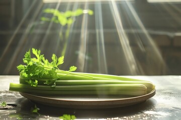 A few stalks of celery resting on a plate