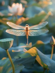 Dragonfly on the tip of a lotus leaf