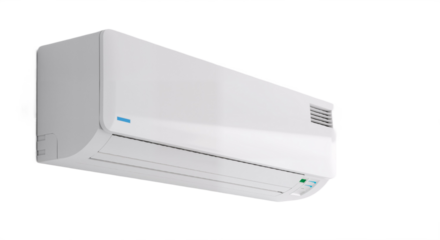 Modern Wall-Mounted AC Unit with Minimalist Design Against White Background, Symbolizing Efficiency, Comfort, and Contemporary Climate Control