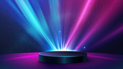 Empty stage pedestal with colorful neon light rays and starry night sky background for product display. Studio space.