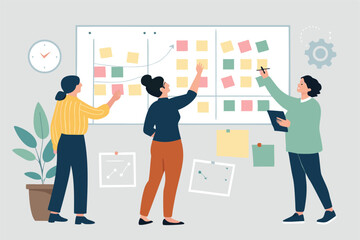 Vector business team strategizing, planning marketing campaign with sticky notes, brainstorming ideas, teamwork, strategy, success.
