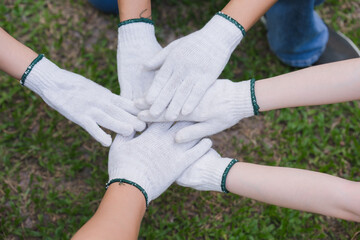 Teamwork Hands in White Gloves on Grass