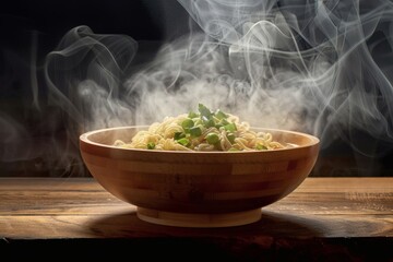 Steaming ramen in a wooden bowl