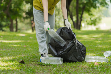 Person Picking Up Plastic Bottles in Park