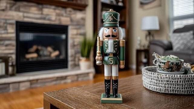 Wooden nutcracker figurine on coffee table
