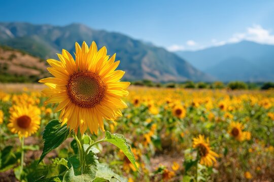 sunflower field in full bloom under strong summer sun