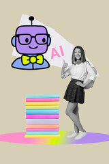 Banner image artwork exclusive collage of happy teenager schoolgirl show like gesture robot cartoon...