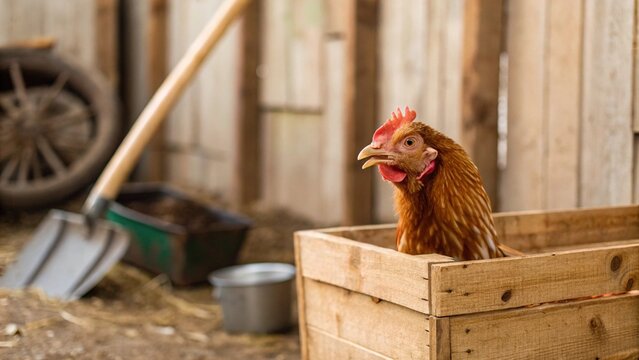 A curious brown hen peeks out from a rustic wooden nesting box inside a cozy, dimly lit barn, embodying authentic farm life and traditional poultry keeping.

