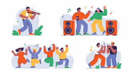 Fototapeta premium Cheerful Cartoon People Dancing, Playing Violin, Listening to Music from Speakers, Illustration