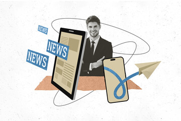 Trend artwork 3D photo collage of businessman smile smartphone paper note social magazine...