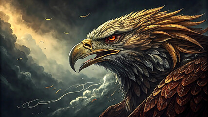 Fototapeta premium Eagle Soaring in the Sky – Majestic Bird Illustration with Blue Sky and Clouds