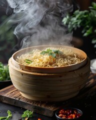 Steaming ramen in a wooden bowl