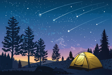 Vector illustration Camping under meteor shower, featuring tent, campfire, shooting stars, forest, mountains, night sky, nature.