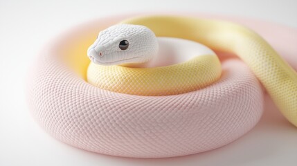 Fototapeta premium A pastel-colored snake with smooth scales, coiled in a circular shape on a white background.
