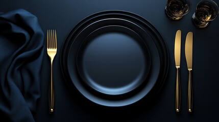Dark, elegant table setting with black plates, gold cutlery, and a navy napkin
