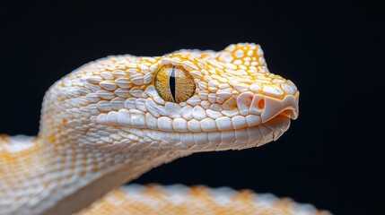 Obraz premium Close-up of a yellow and white viper snake with detailed scales and striking eyes against a dark background.