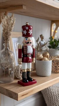 Wooden nutcracker figurine on wooden shelf decor