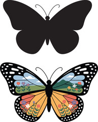 Black butterfly silhouette and colorful nature scene butterfly orange yellow