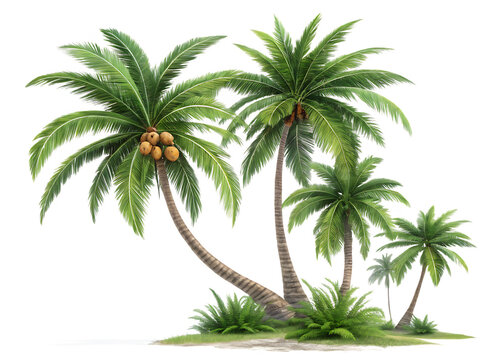 Lush green coconut palm trees with coconuts and tropical foliage on a black background isolated on a transparent background