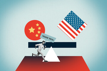Collage trend artwork composite sketch poster of american china flag investment trade war market...