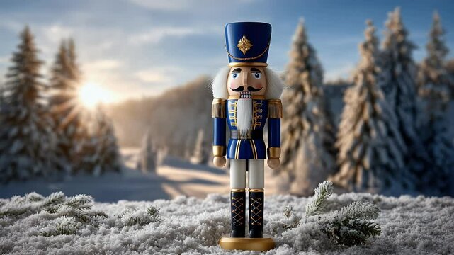 Wooden nutcracker in snowscape