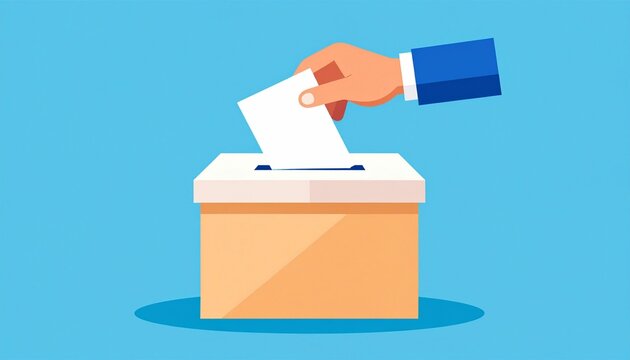 Democratic voting concept, featuring a stylized hand placing a paper ballot into a slot of a ballot box, set against a clean, minimalistic background.