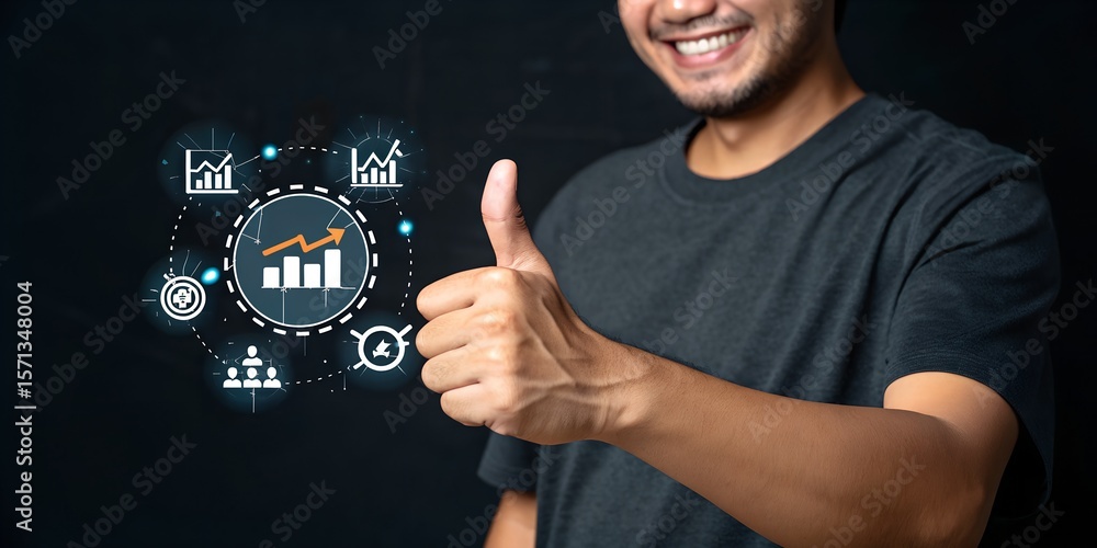 Poster man pressing virtual button