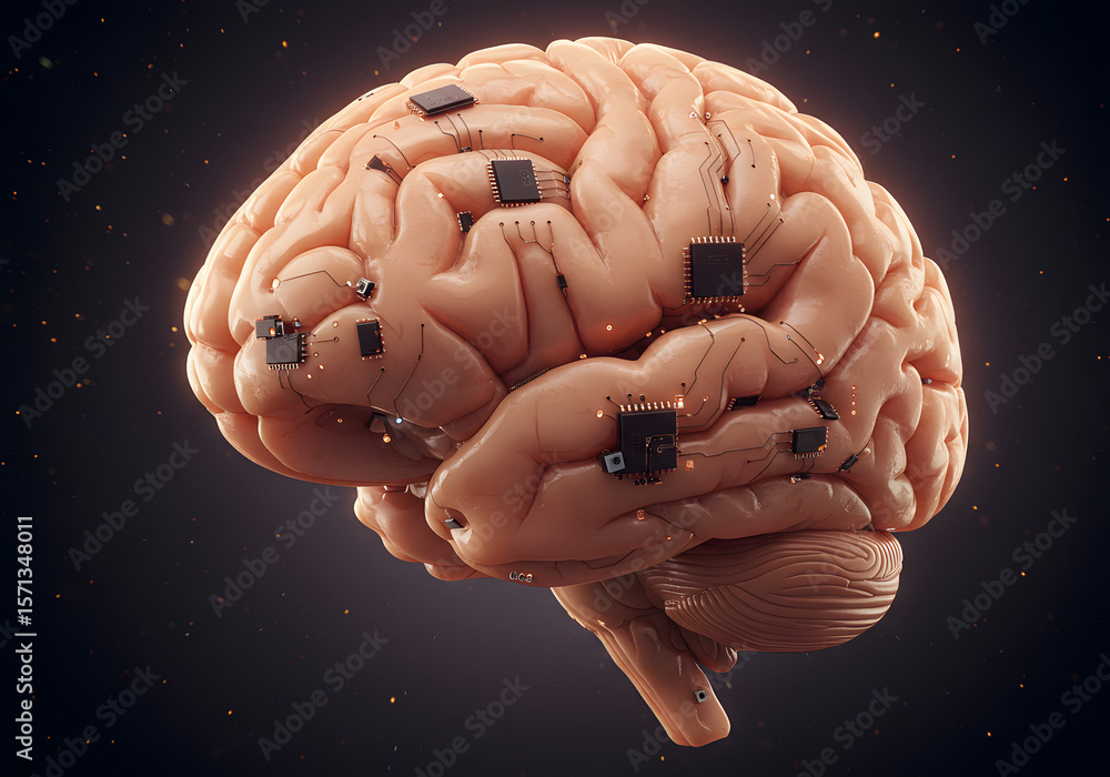 Poster visualizing the intricate fusion of organic human cognition with advanced artificial intelligence pr