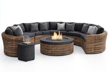 Fototapeta premium 8-piece outdoor wicker sofa set with fire pit, side tables, black and grey cushions, and rattan, isolated on white background.
