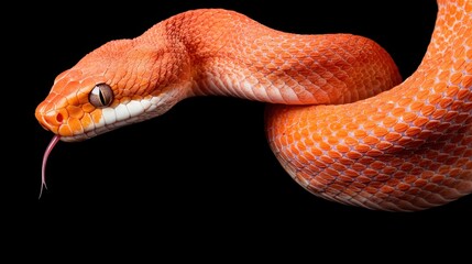 Fototapeta premium A vibrant orange snake with forked tongue extended, coiled against a solid black background.