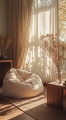Cozy beige beanbag in sunlit room