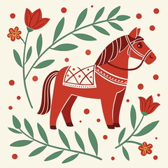 a red horse with flowers and leaves
