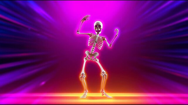 Neon dancing skeleton, animated figure in vibrant purple and orange lights, perfect for Halloween or party themes. - Powered by Adobe