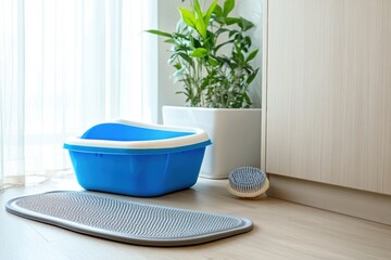 Naklejka na ściany i meble Litter Box with shovel. Clumping cat in home background. Clean blue white cat litter box with scoop on wooden floor in a minimalist room. Cleanliness and hygiene concept. Cat toilet. Hygiene for pets