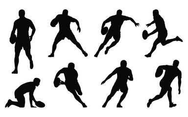 A set of black silhouettes of rugby players in various dynamic poses against a white background