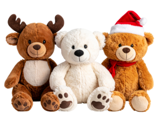 cutout sef of 3 stufed animal toys in png transparent background