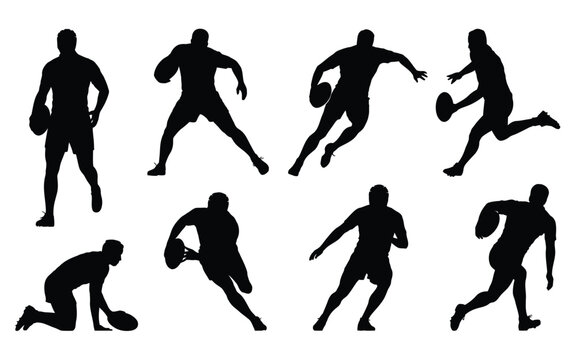 A set of black silhouettes of rugby players in various dynamic poses against a white background - Powered by Adobe
