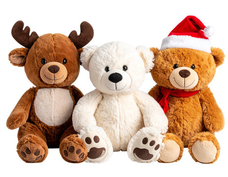 cutout sef of 3 stufed animal toys in png transparent background