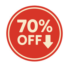Get ready to save with a bold 70% off sale announcement displayed in a red circle. Modern flat vector sticker label with icon and badge style, transparent background