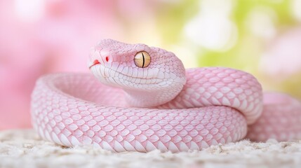 Fototapeta premium A pink snake with textured scales is coiled on a soft surface, set against a pastel, blurred background.