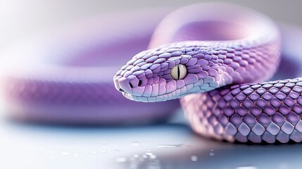 Obraz premium A coiled, purple-hued snake with detailed scales rests on a smooth, light surface, exuding a calm yet alert presence.