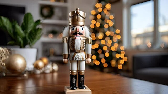 Wooden nutcracker ornament against christmas tree background