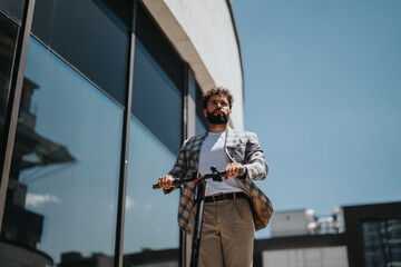 Professional man riding an electric scooter near a modern building on a sunny day